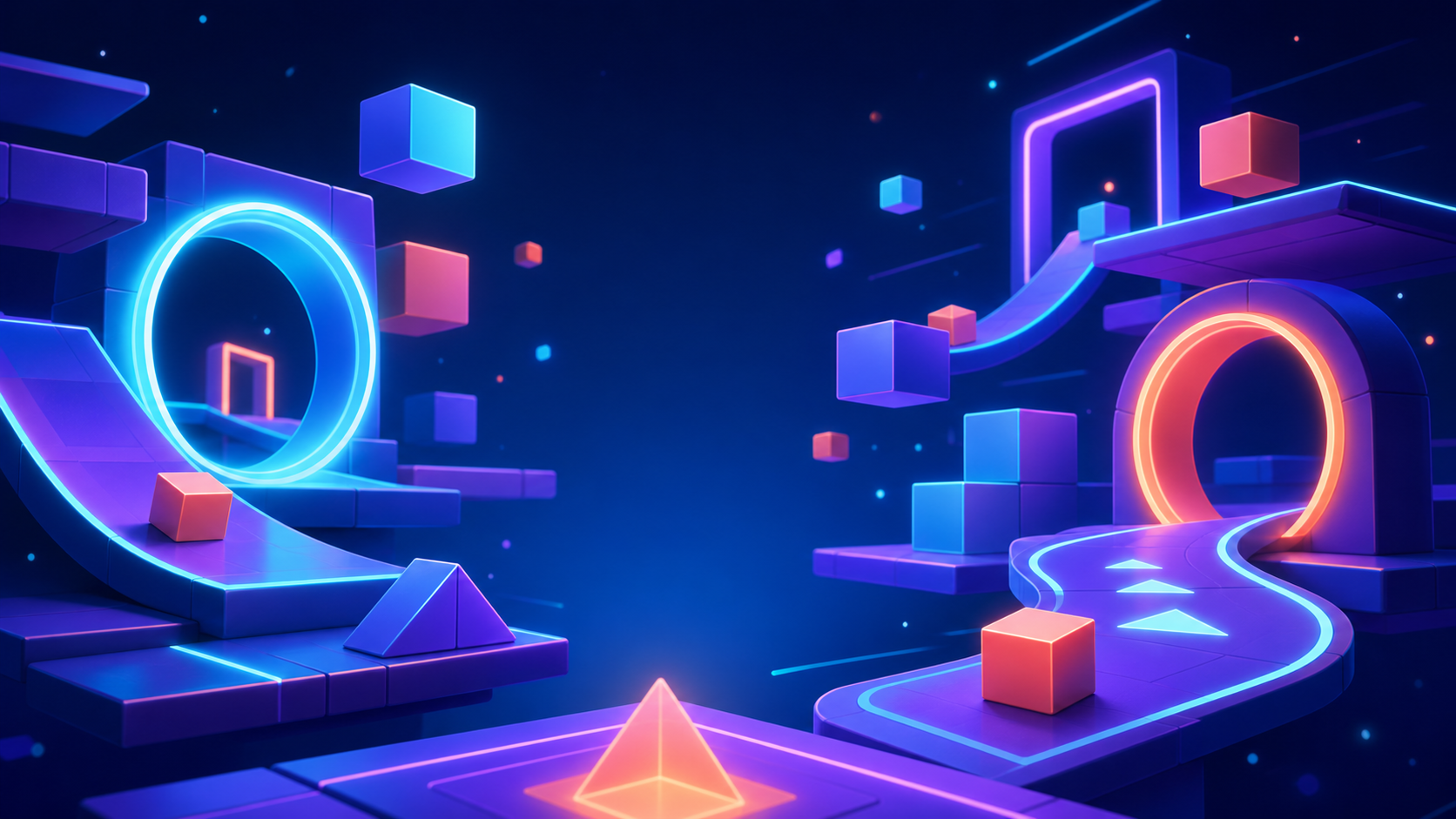A glowing geometric arcade course with ramps, portals, and colourful cubes